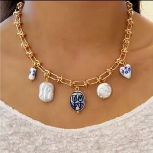 Anthro statement adjustable Gold and Blue Charm Necklace